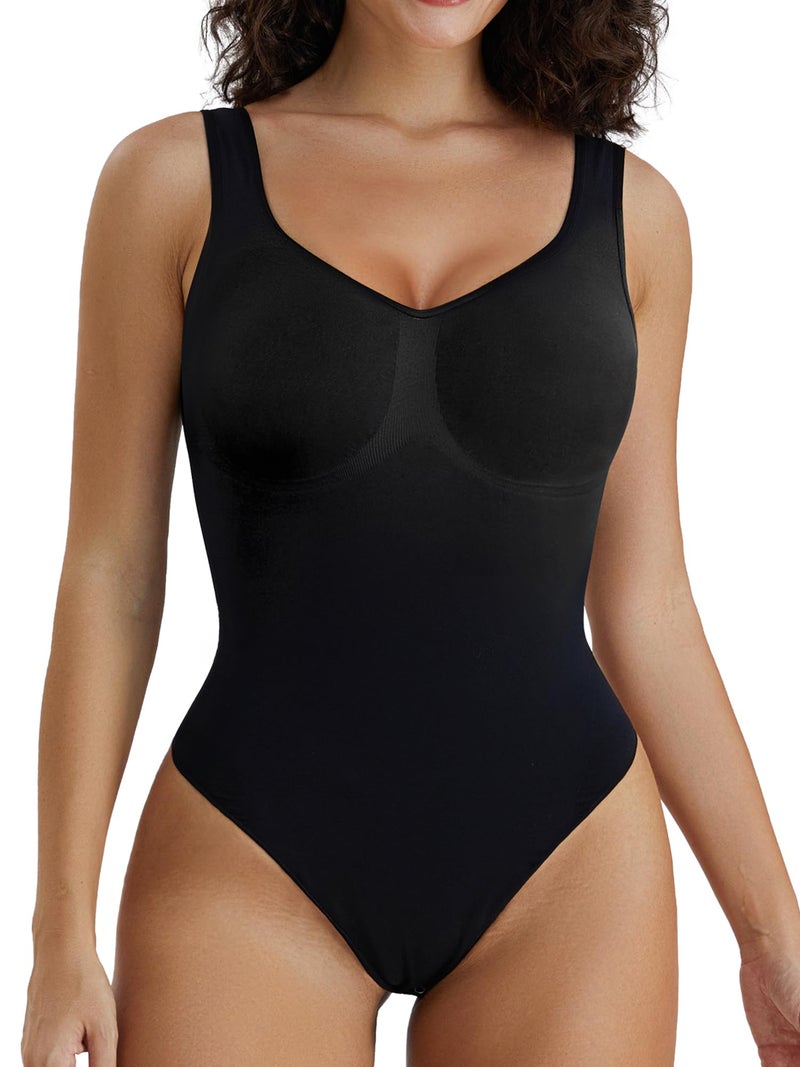 SHAPERX Bodysuit for Women Tummy Control Shapewear Scoop Neck Seamless Thong Body Shaper Tank Top, SZ5240-Black-S/M - Image 1