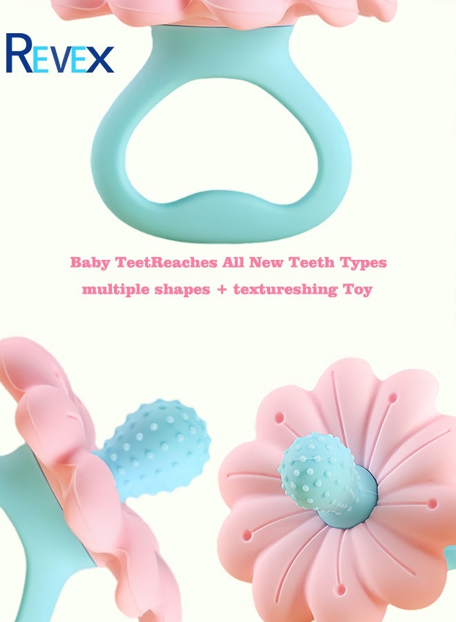 REVEX Baby Teething Toys for 0-6 6-12 Month, 100% Food Grade Silicone Teether Ring, Flower Baby Chew Toy  - Image 2