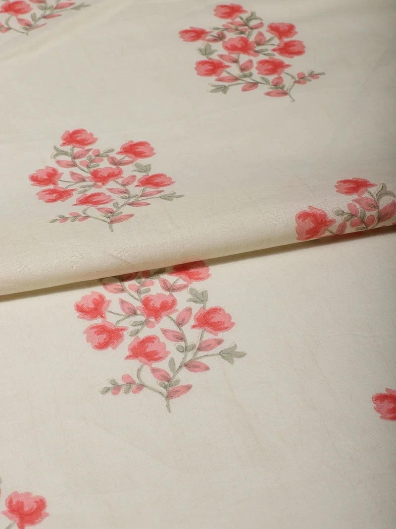 أيه كيه إس Coral Pink Floral Hand Block Print Fabric