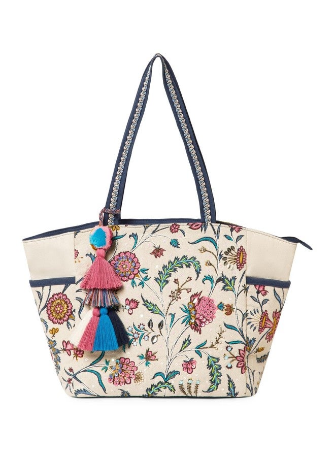 Anekaant Petal Posh Multicolour Embroidered Tote | Women’s Trendy Shoulder Bag with Tassels | Large Canvas Handbag for Office, Shopping & Travel - Image 1