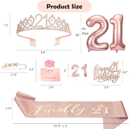 Awfrky 21st Birthday Gifts Decorations for Her, Including 21st Cake Toppers, Birthday Queen Sash with Pearl Pin, Sweet Rhinestone Tiara Crown, Number Candles and Balloons Set, Rose Gold - Image 2