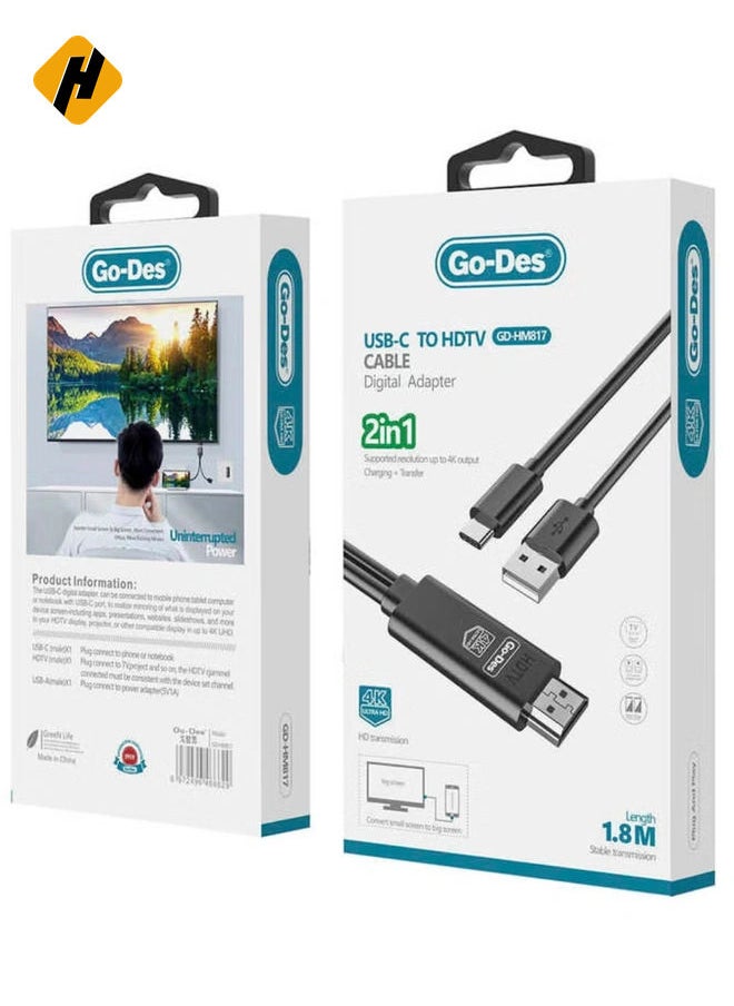 HuHa 2-in-1 HDTV Type-C (USB-C) Cable 1.8 Meter – Black, High-Speed Data Transfer and HD Video Output for Smartphones and Devices  - Image 1