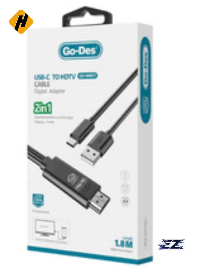 HuHa 2-in-1 HDTV Type-C (USB-C) Cable 1.8 Meter – Black, High-Speed Data Transfer and HD Video Output for Smartphones and Devices  - Image 3