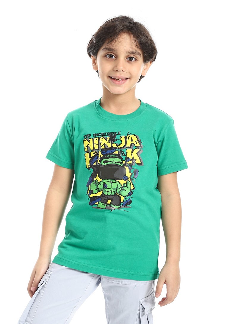 Andora Round Neck Printed Short Sleeve Boy T-shirt_Turquoise - Image 1