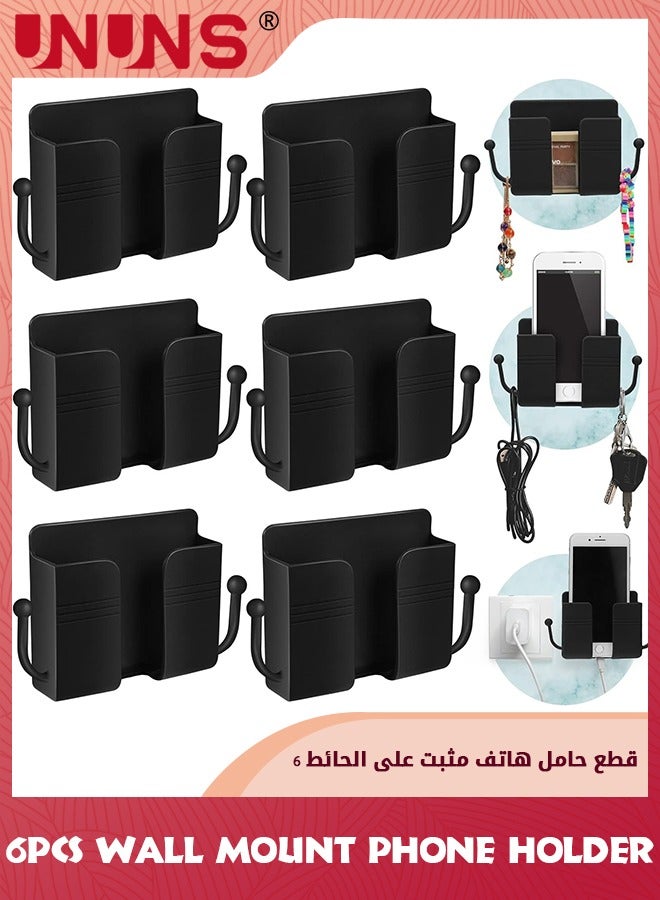 UNUNS 6 Pieces Wall Mount Phone Holder,Self-Adhesive Wall Beside Organizer,Plastic Charging Phone Stand,Wall-Mounted Phone Brackets Holder For Bedroom,Black  - Image 1