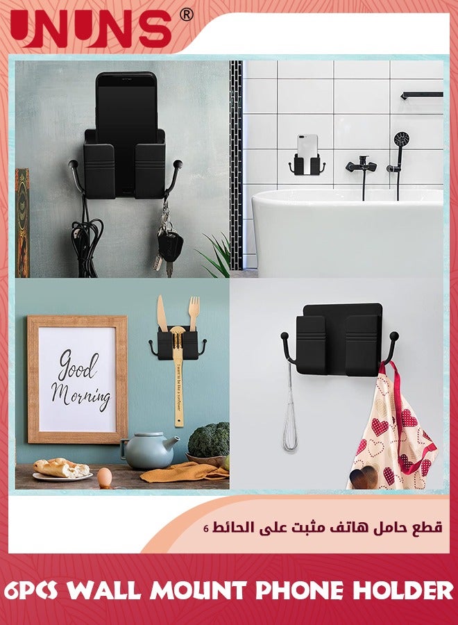 UNUNS 6 Pieces Wall Mount Phone Holder,Self-Adhesive Wall Beside Organizer,Plastic Charging Phone Stand,Wall-Mounted Phone Brackets Holder For Bedroom,Black  - Image 2
