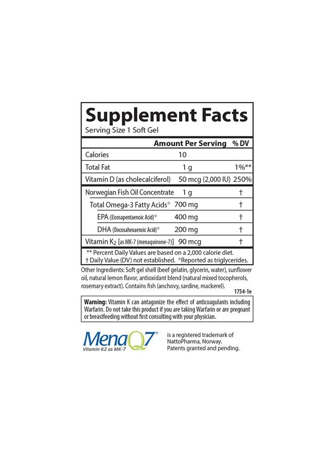 Carlson - Elite Omega-3 Plus D & K, 700 mg Omega-3s + D3 & K2, Function, Bone Health & Immune Support, Lemon, 60+30 Softgel