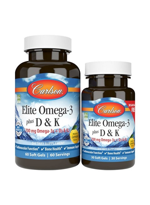 Carlson - Elite Omega-3 Plus D & K, 700 mg Omega-3s + D3 & K2, Function, Bone Health & Immune Support, Lemon, 60+30 Softgel