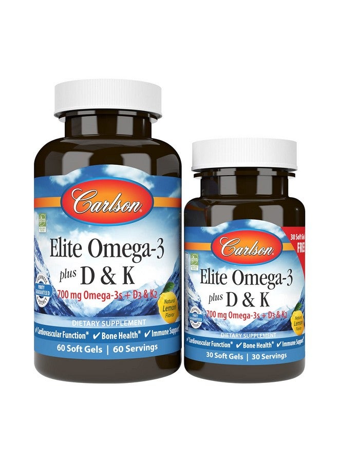 Carlson - Elite Omega-3 Plus D & K, 700 mg Omega-3s + D3 & K2, Function, Bone Health & Immune Support, Lemon, 60+30 Softgel