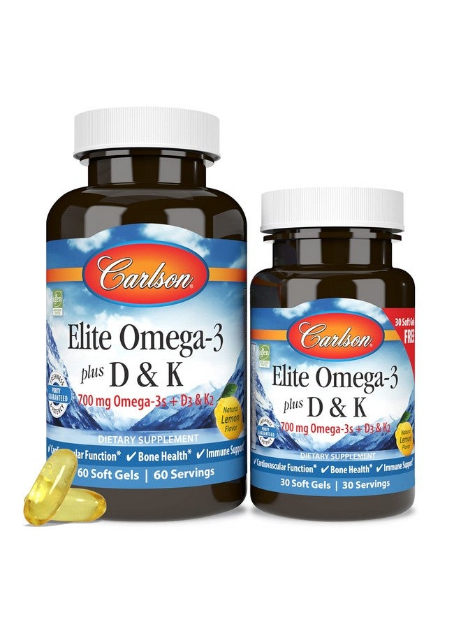 Carlson - Elite Omega-3 Plus D & K, 700 mg Omega-3s + D3 & K2, Function, Bone Health & Immune Support, Lemon, 60+30 Softgel