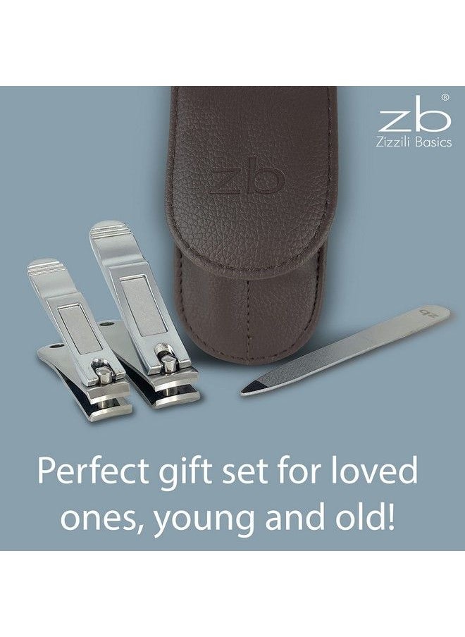 Zizzili Basics - Nail Clippers By Zizzili Basics 3 Piece Nail Clipper Set Stainless Steel Fingernail & Toenail Clippers With Nail File And Brown Travel Case Best Nail Care For Men Women Manicure & Pedicure - Image 1