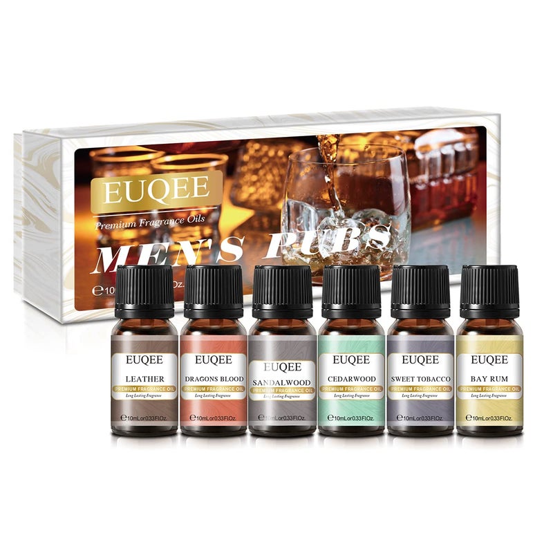 EUQEE 6PCS Fragrance Oils for Men, Men's Pubs Gift Set Premium Fragrance Oils -10ml-Leather, Sweet Tobaccoï¼ˆNew Name-Honeyed Hazeï¼‰, Dragons Blood, Sandalwood, Bay Rum, Cedarwood (Men's Pubs) - Image 1