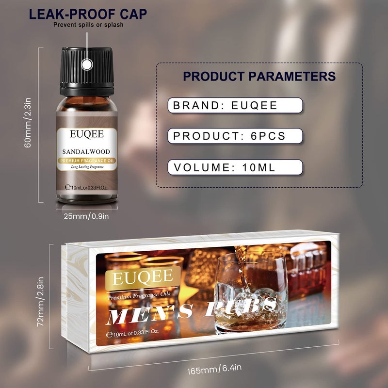 EUQEE 6PCS Fragrance Oils for Men, Men's Pubs Gift Set Premium Fragrance Oils -10ml-Leather, Sweet Tobaccoï¼ˆNew Name-Honeyed Hazeï¼‰, Dragons Blood, Sandalwood, Bay Rum, Cedarwood (Men's Pubs) - Image 2