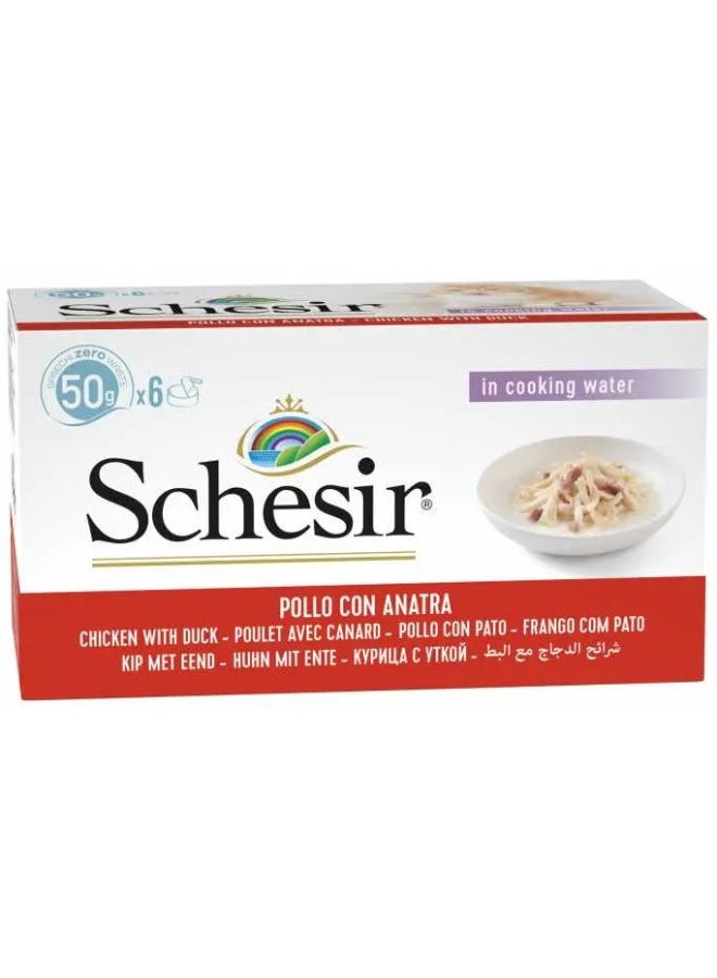 Schesir طعام رطب شيسير شرائح دجاج مع بط Gourmet وطعام قطط رطب طبيعي علبة (6x50g) - Image 1