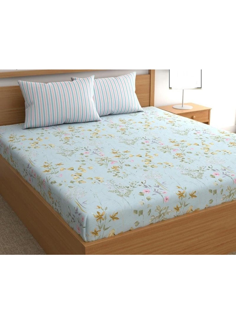 Generic D Imports bedsheet Premium Kiara Soft Glace Cotton All Around Elastic Fitted King Size Bed Sheet Set fits up to 8 inches Mattress with 2 Pillow Covers Blue Prints Mix  - Image 1