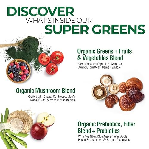 Country Farms Organic Super Greens Natural Flavor 50 Organic Super Foods Packed with Fiber USDA Organic Drink Mix Fruits Vegetables Mushrooms Probiotics Supports Energy 6g Fiber - Image 5