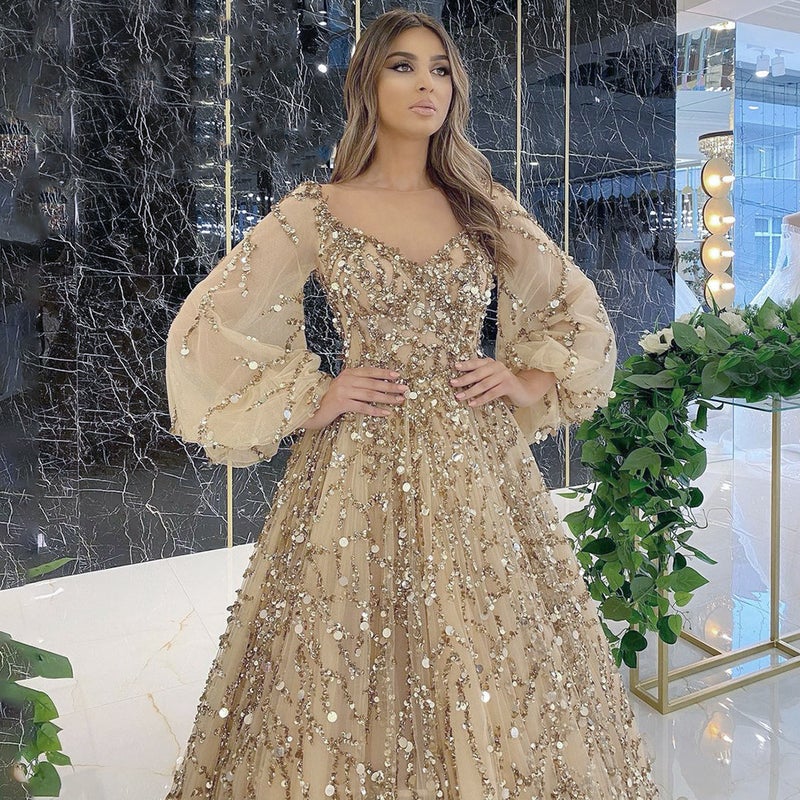 فستان سهرة فاخر مزين بالخرز من صناعة ثقيلة ذهبية جديدة 2025، فستان طويل بأجواء ملكة اجتماعية Sc7109 - Image 3