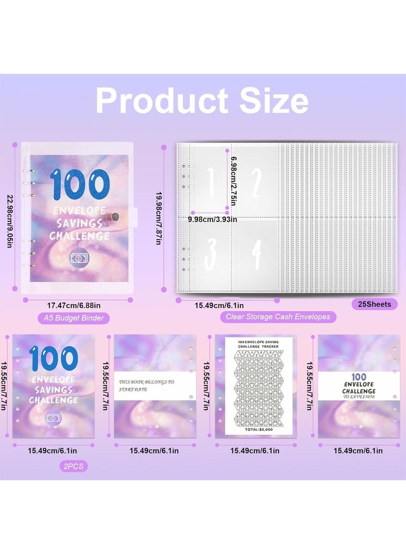 100 Envelopes Saving Challenge Binder, 25 Sheet Planner with Transparent Waterproof Cash Envelopes and Stainless Steel Rings, Budget Organizer for Couples Home Office School Finance Management - Image 2