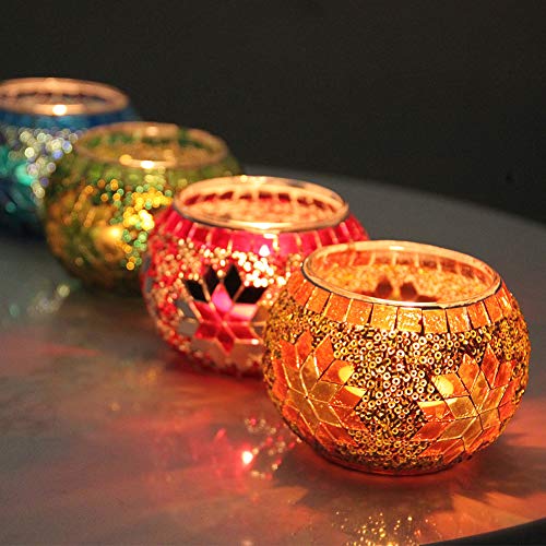 SHMILMH Votive Candle Holder Set of 4, Diwali Decoration for Home, Handmade Mosaic Glass Tealight Candle Holders for Table Centerpiece Decor,Diwali Thanksgiving - Image 1