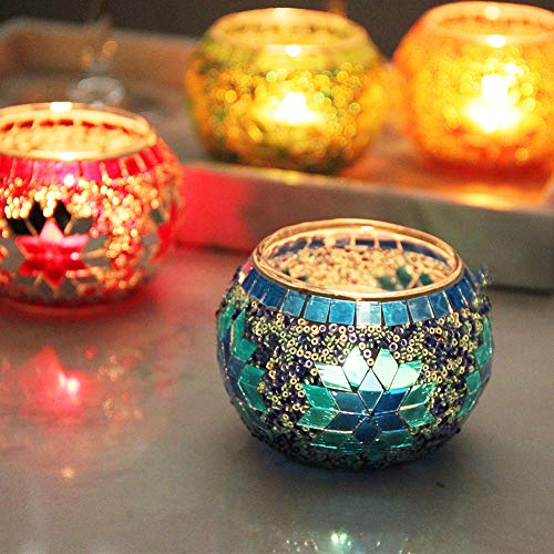 SHMILMH Votive Candle Holder Set of 4, Diwali Decoration for Home, Handmade Mosaic Glass Tealight Candle Holders for Table Centerpiece Decor,Diwali Thanksgiving - Image 5