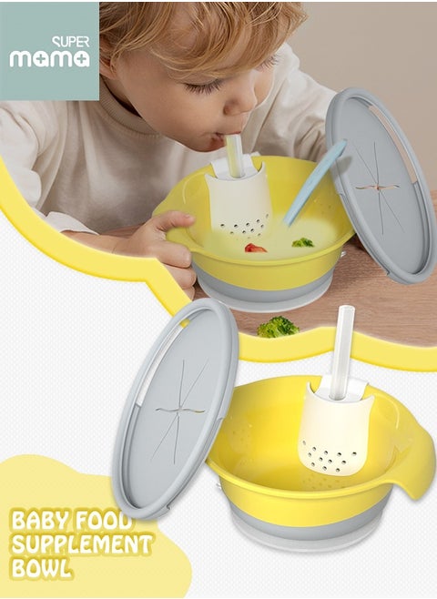 3-in-1 Multipurpose Feeding Bowl with Straw Powerful Suction Cup and Anti-scalding Handle Yellow