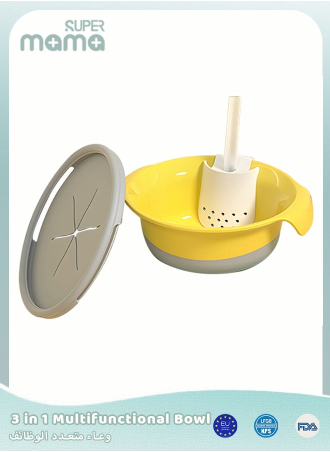 3-in-1 Multipurpose Feeding Bowl with Straw Powerful Suction Cup and Anti-scalding Handle Yellow