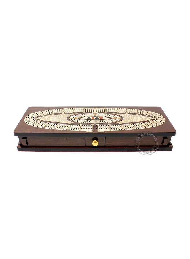House of Cribbage - Continuous Cribbage Board/Box Inlaid in Wenge Wood/Maple : 4 Track - Sliding Lids, Drawer & Metal Pegs with Score Marking Fields for Skunks, Corners and Won Games - Image 2