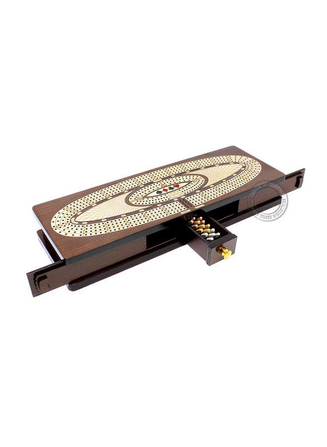 House of Cribbage - Continuous Cribbage Board/Box Inlaid in Wenge Wood/Maple : 4 Track - Sliding Lids, Drawer & Metal Pegs with Score Marking Fields for Skunks, Corners and Won Games - Image 1