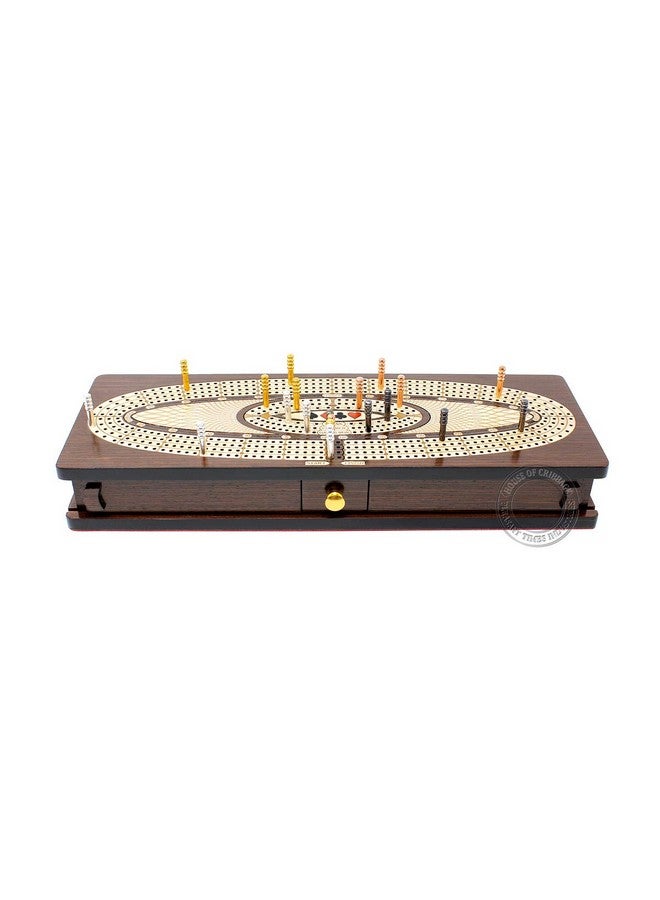 House of Cribbage - Continuous Cribbage Board/Box Inlaid in Wenge Wood/Maple : 4 Track - Sliding Lids, Drawer & Metal Pegs with Score Marking Fields for Skunks, Corners and Won Games - Image 4