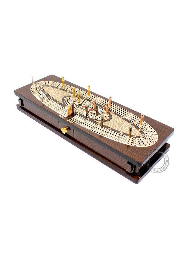 House of Cribbage - Continuous Cribbage Board/Box Inlaid in Wenge Wood/Maple : 4 Track - Sliding Lids, Drawer & Metal Pegs with Score Marking Fields for Skunks, Corners and Won Games - Image 5