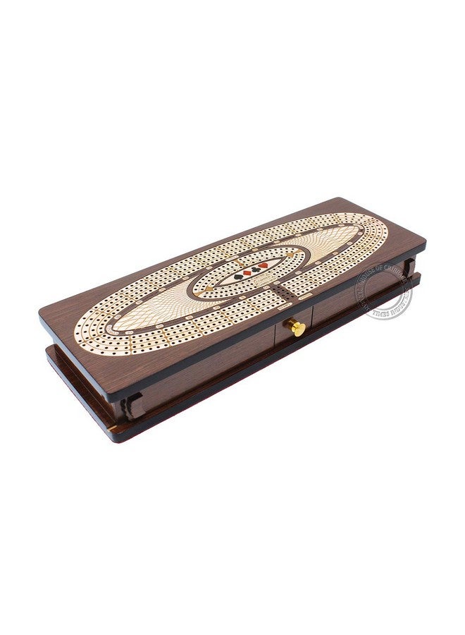 House of Cribbage - Continuous Cribbage Board/Box Inlaid in Wenge Wood/Maple : 4 Track - Sliding Lids, Drawer & Metal Pegs with Score Marking Fields for Skunks, Corners and Won Games - Image 3