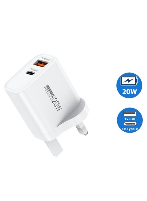 20W Fast Charging Adapter, 2-Port USB-C & USB Travel Charger for Phones and Tablets, EU/UK/US Plug, Compact Design
