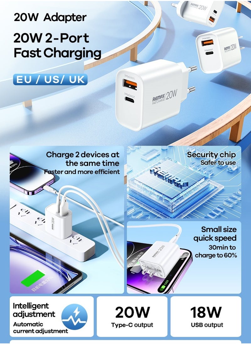 20W Fast Charging Adapter, 2-Port USB-C & USB Travel Charger for Phones and Tablets, EU/UK/US Plug, Compact Design