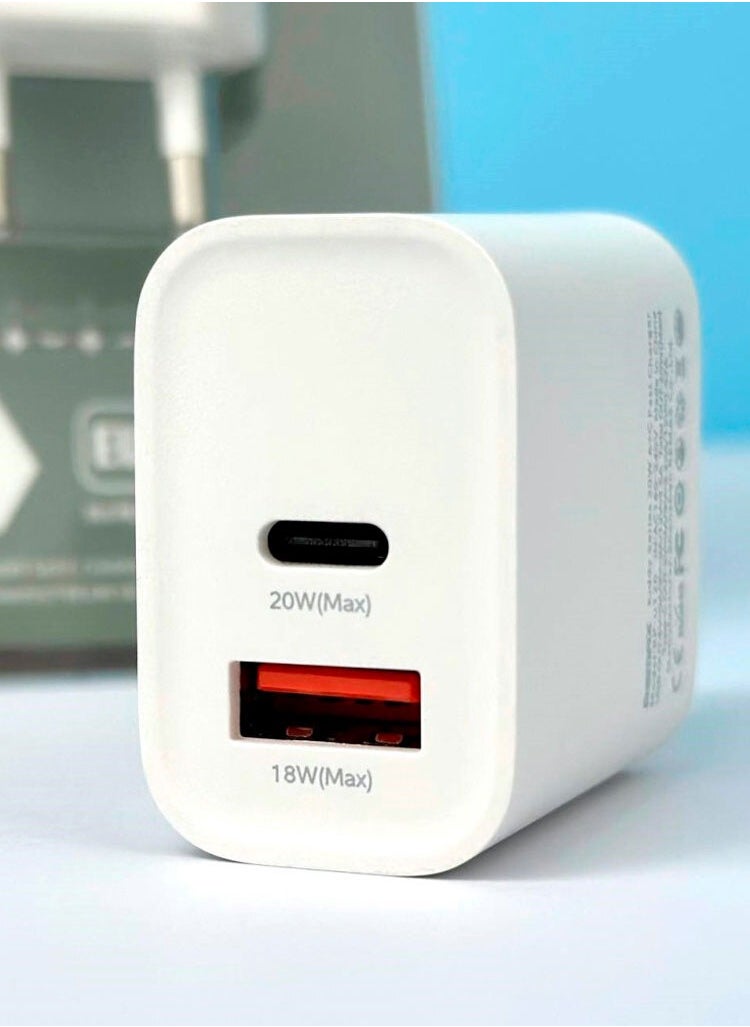 20W Fast Charging Adapter, 2-Port USB-C & USB Travel Charger for Phones and Tablets, EU/UK/US Plug, Compact Design