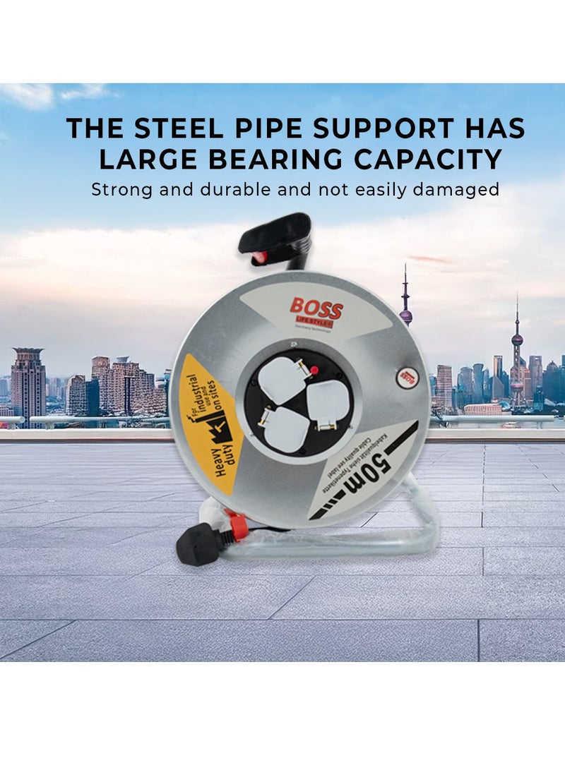 بوس بكرة كابل تمديد 50 متر، مقبس مخرج عالمي عالي الجهد مع قابس بريطاني BOSS Life Style BS-7001 - التكنولوجيا الألمانية - Image 3