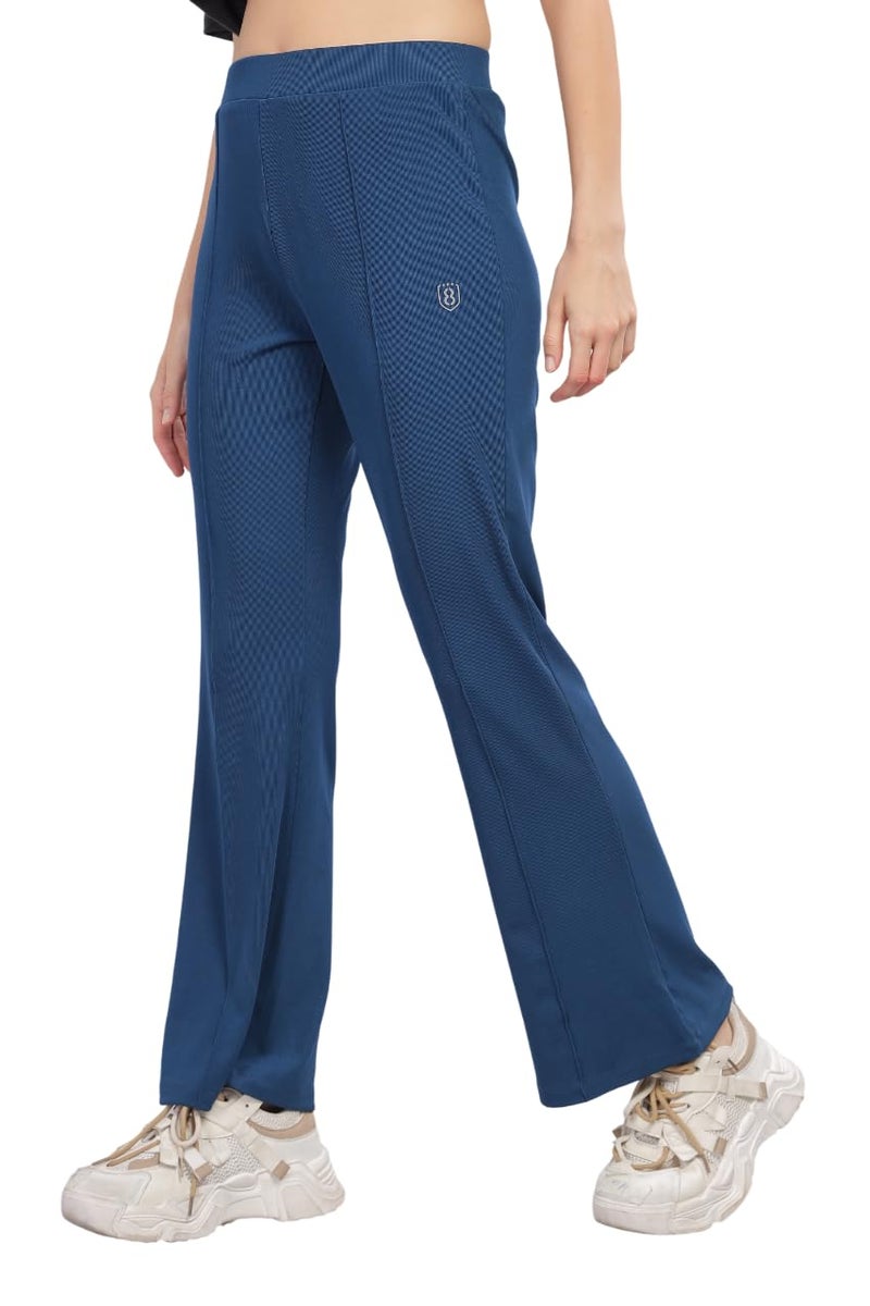 DOMIN8 Women's Super Stretchable Rib Pintuck Flare Pant | Trendy Bottom for Women | Comfy All Day wear Blue - Image 5