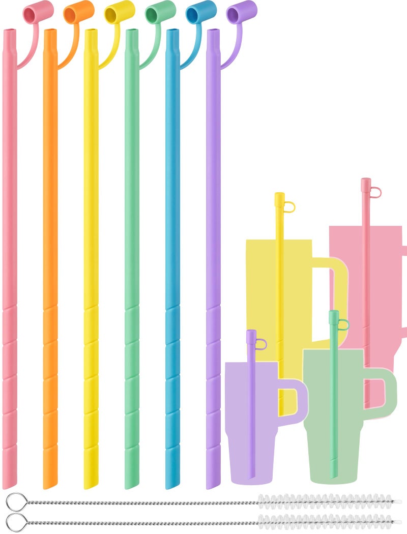 NiHome 6PCS Reusable Anti-Wrinkle Straw Set Fit for Stanley Tumblers, Adjustable Length Silicone Drinking Straws with Silicone Tips Fit for 14oz 20oz 30oz 40oz, Protective Caps & Brushes (6 Colors) - Image 1