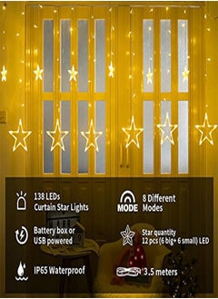 تيوكس 12 نجوم و 138 مصباح LED، أضواء ستارة للغرفة مع 8 وضعيات إضاءة، أضواء نافذة مقاومة للماء لديوالي رمضان، أضواء زفاف الديكور - لون أبيض دافئ  - Image 2