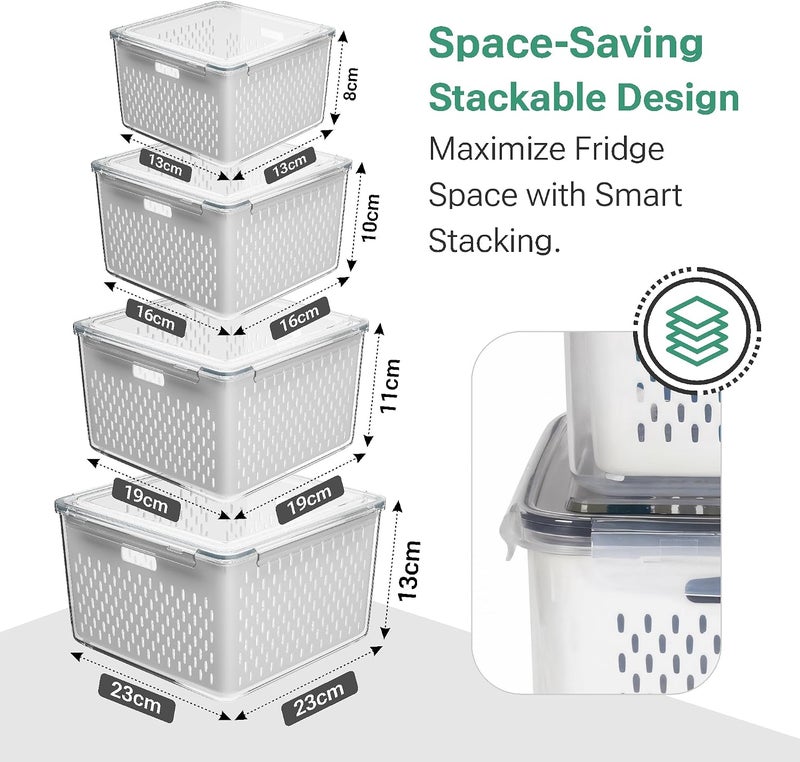 Kuber Industries 4 Pcs Set Fridge Storage Containers with Removable Colander | Airtight and Leakproof Vegetable Storage Box for Refrigerator | (Size - 750Ml_1600Ml_2850Ml_4150Ml | Transparent - Image 3