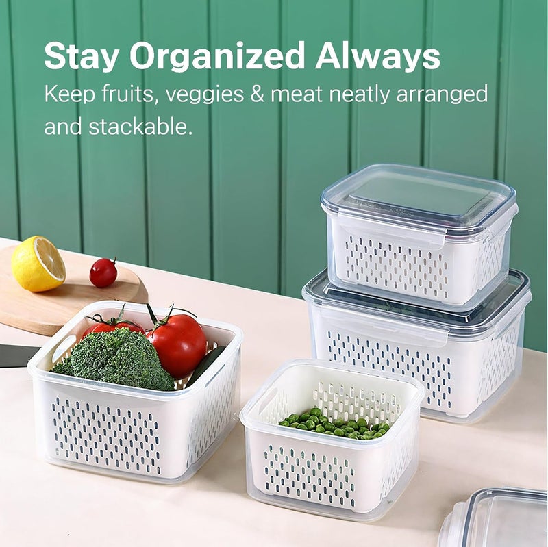 Kuber Industries 4 Pcs Set Fridge Storage Containers with Removable Colander | Airtight and Leakproof Vegetable Storage Box for Refrigerator | (Size - 750Ml_1600Ml_2850Ml_4150Ml | Transparent - Image 2