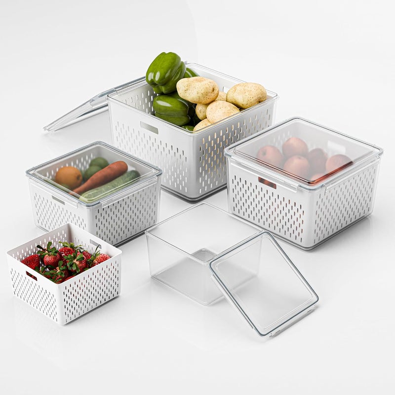 Kuber Industries 4 Pcs Set Fridge Storage Containers with Removable Colander | Airtight and Leakproof Vegetable Storage Box for Refrigerator | (Size - 750Ml_1600Ml_2850Ml_4150Ml | Transparent - Image 1