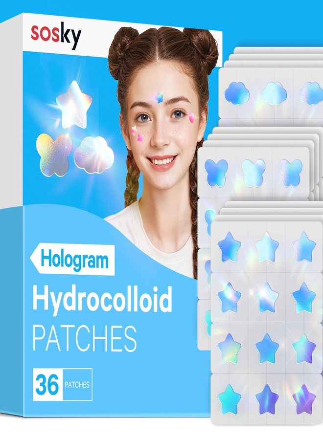 Sosky Hologram Pimple Patches for Face, Hydrocolloid Acne Patches with Salicylic Acid, Cute Star Zit Stickers,Colorful Blemish Covers,36 Count Blue Star Cloud Butterfly - Image 1