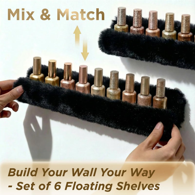 YMVV Wall-Mounted Nail Polish Organizer Rack - 15-Inch Plush Nail Polish Shelf, Makeup & Beauty Essentials Storage - Multi-Purpose Display Holder for Small Space, Vanity Bathroom, 6 Pack Black - Image 3