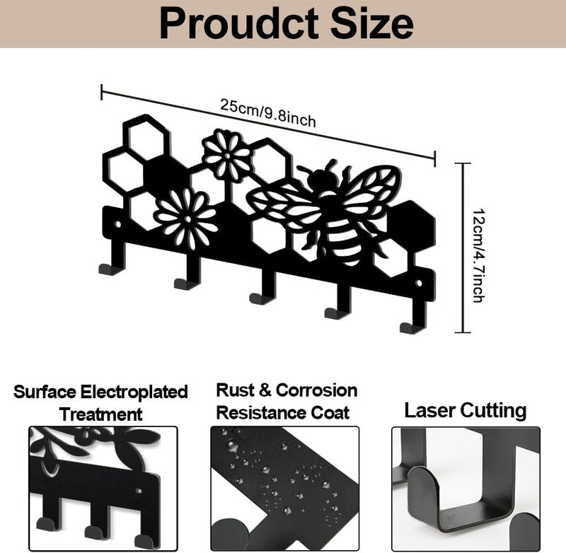MAYJOYDIY Bee Beehive Metal Key Hook Honey Bee Flowers Coat Rack Wall Mounted 9.8×4.7inch Honeycomb Insect Black Art Key Holder with 5 Hooks for Gift Kitchen Bathroom Clothes Storage - Image 2