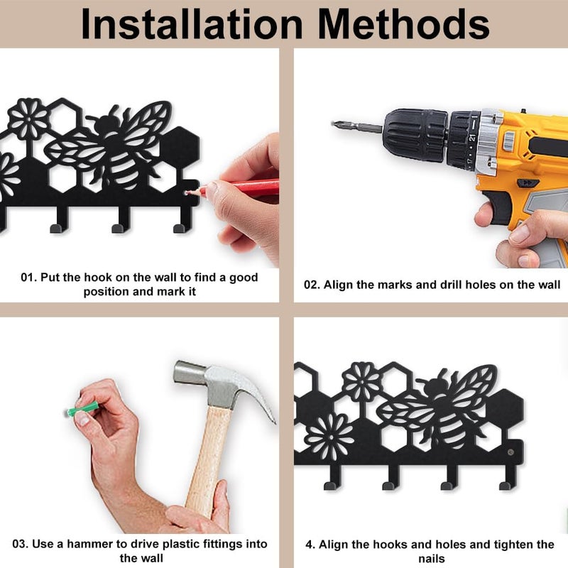MAYJOYDIY Bee Beehive Metal Key Hook Honey Bee Flowers Coat Rack Wall Mounted 9.8×4.7inch Honeycomb Insect Black Art Key Holder with 5 Hooks for Gift Kitchen Bathroom Clothes Storage - Image 5