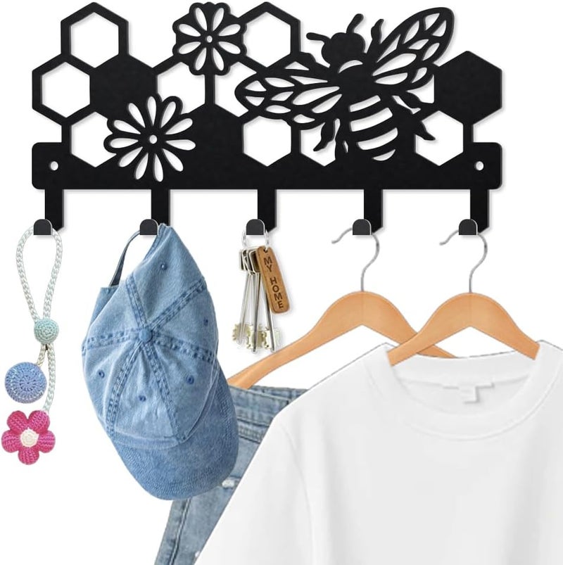 MAYJOYDIY Bee Beehive Metal Key Hook Honey Bee Flowers Coat Rack Wall Mounted 9.8×4.7inch Honeycomb Insect Black Art Key Holder with 5 Hooks for Gift Kitchen Bathroom Clothes Storage - Image 1