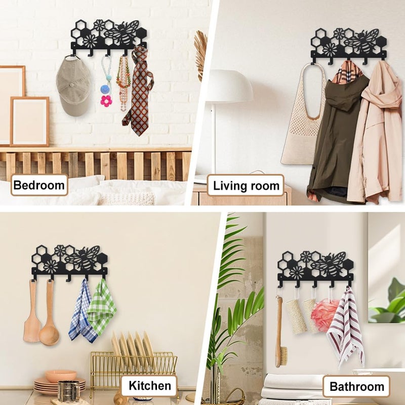 MAYJOYDIY Bee Beehive Metal Key Hook Honey Bee Flowers Coat Rack Wall Mounted 9.8×4.7inch Honeycomb Insect Black Art Key Holder with 5 Hooks for Gift Kitchen Bathroom Clothes Storage - Image 4