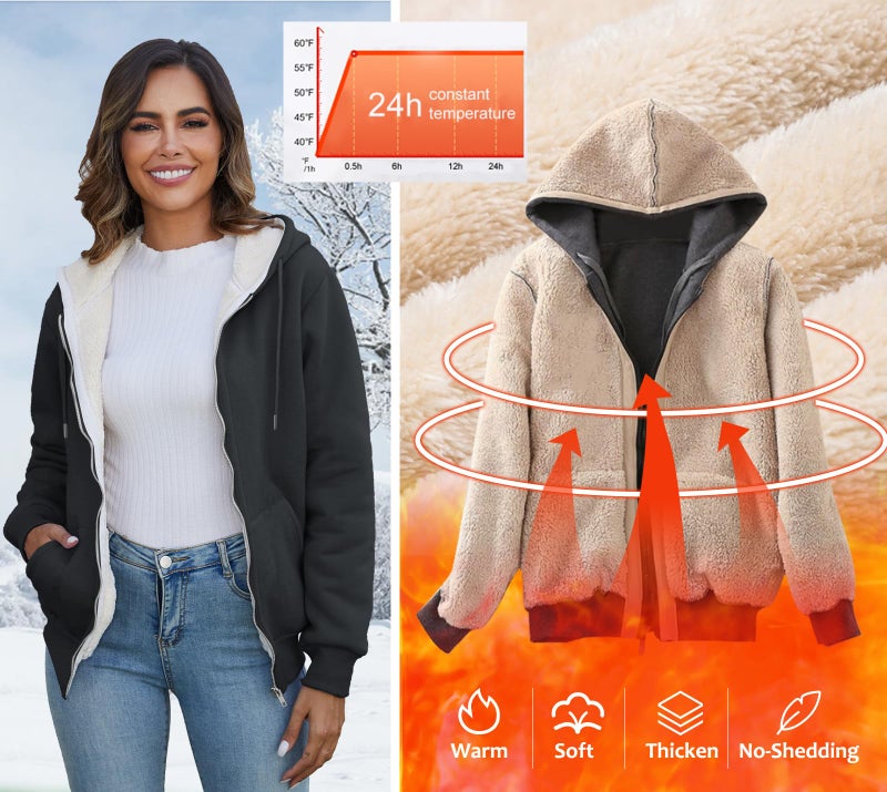 Flygo Women Winter Hoodies Zip Up Fleece Sherpa Lined Warm Sweatshirts Jacket(DarkGrey-M) - Image 2