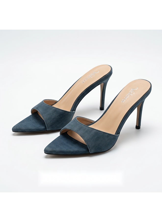Chengdu Handmade Women's Blue Denim Pointed Toe Stiletto Mule Heels, 8cm Heel Height Options, Single Wide Strap Open Toe Slip On Sandals with Sheepskin Insole & Non-Slip Sole - Image 1