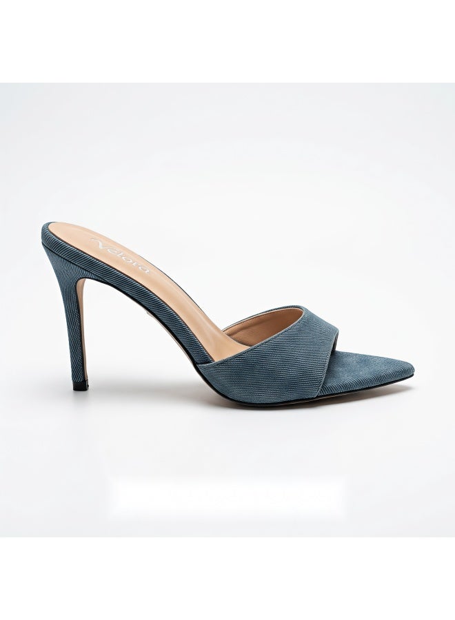 Chengdu Handmade Women's Blue Denim Pointed Toe Stiletto Mule Heels, 8cm Heel Height Options, Single Wide Strap Open Toe Slip On Sandals with Sheepskin Insole & Non-Slip Sole - Image 2